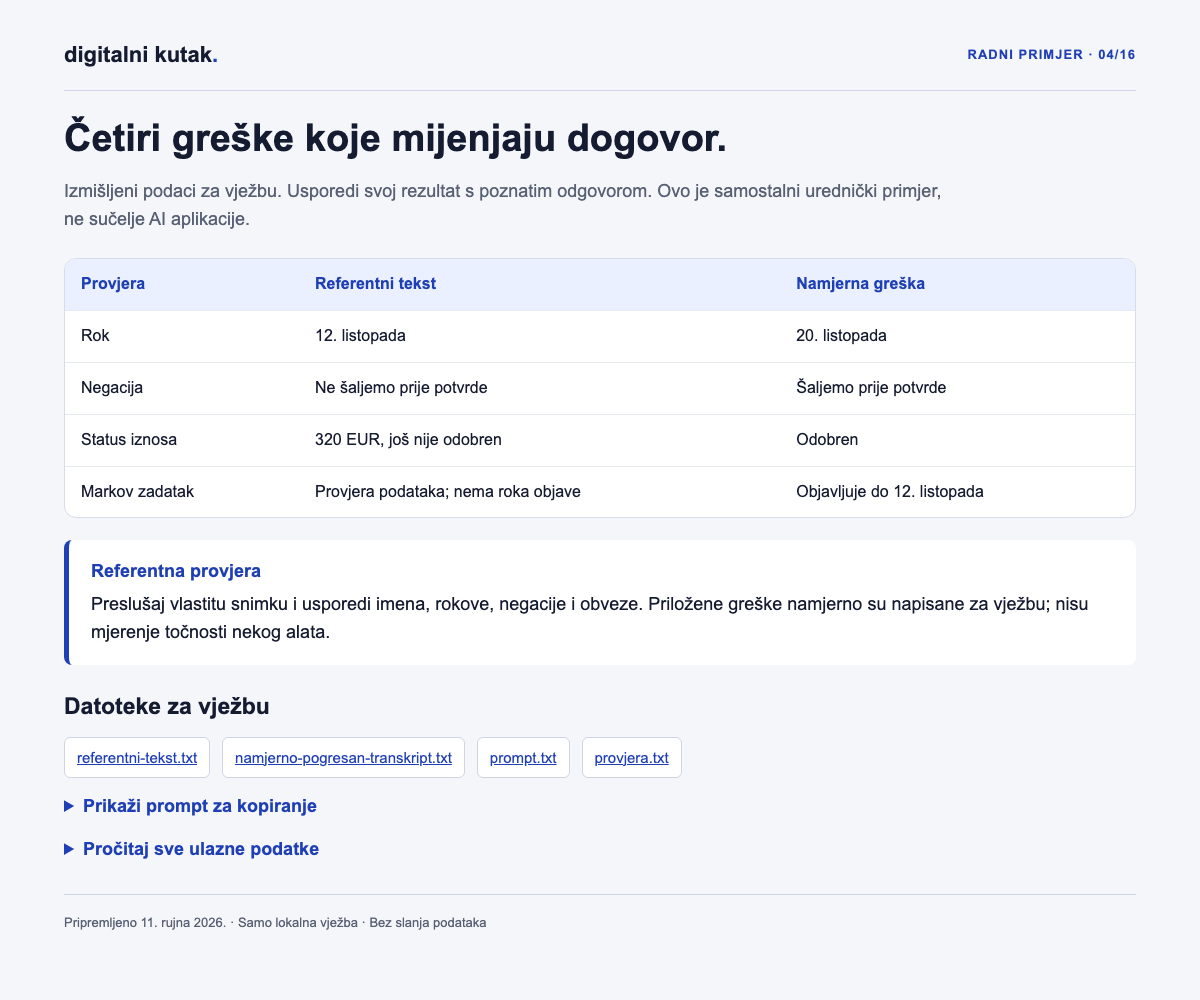 Usporedba kontrolne rečenice, namjerno pogrešnog prijepisa i ispravka